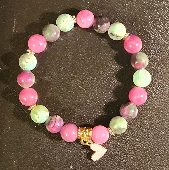 Pink and Green AKA Stone Bracelet with Charm 7"-8" in Length (Silver) - Picture 2 of 4